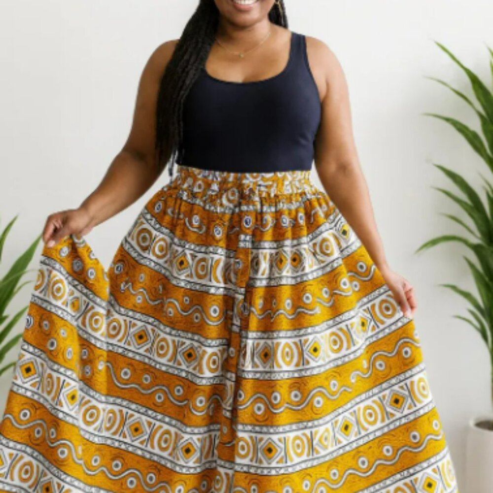 African Print Ankara Style Long Maxi Skirt with matching Sash / Headwrap Wrap ha